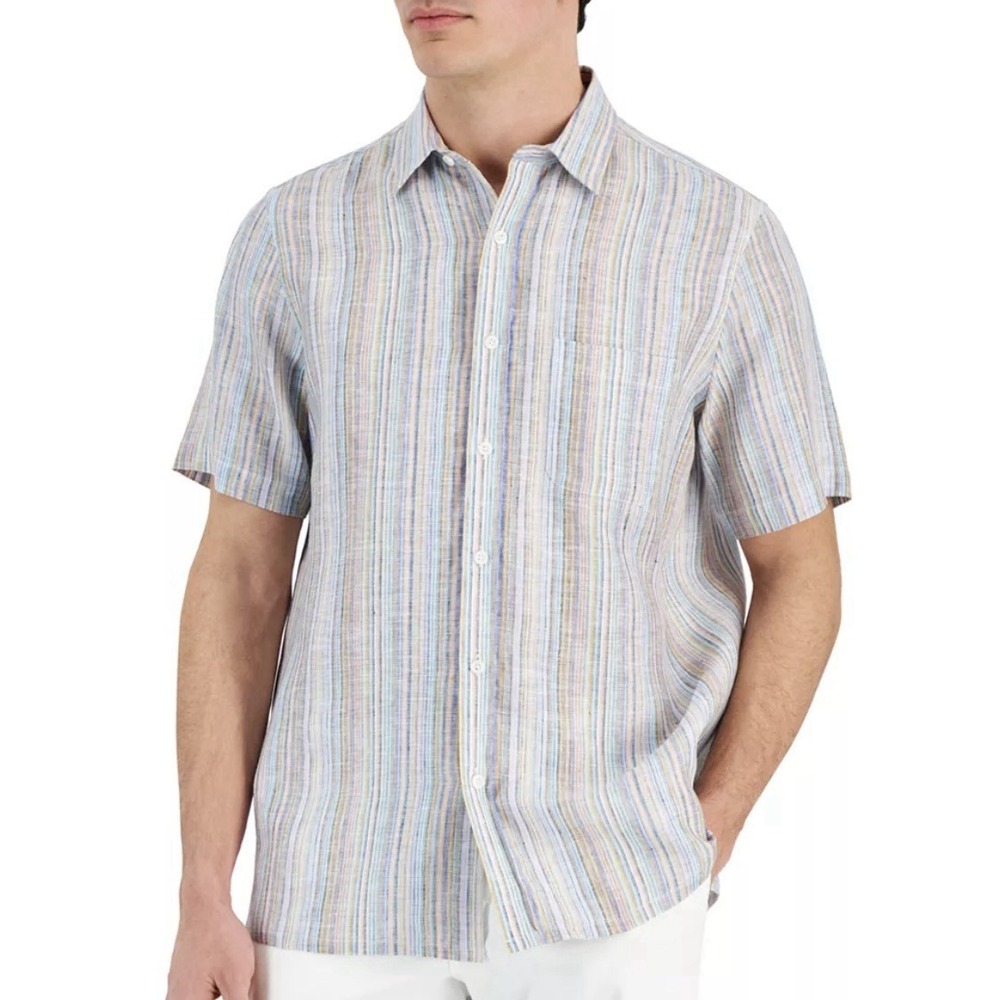 Club Room Men's Chroma Vertical Stripe Short-Sleeve Button-Front Linen Shirt XL‎
